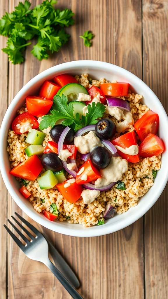 A colorful Vegan Greek Quinoa Bowl with quinoa, cherry tomatoes, cucumber, red onion, olives, and tahini dressing on a wooden table.